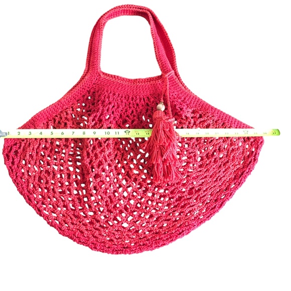 French Inspired Crochet Fishnet Market Bag Red Rouge Tote Shoulder Bag w/Tassel - Picture 7 of 16